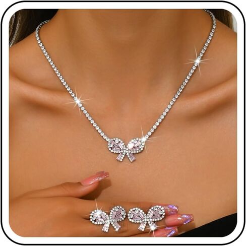 Janiasly Gorgeous Crystal Bow Jewelry Set Rhinestone Tennis Chain Necklace and Stud Earrings Vintage crystal Bow Knot Pendant Choker Necklace Bridal Wedding Accessories for Women in Saudi Arabia