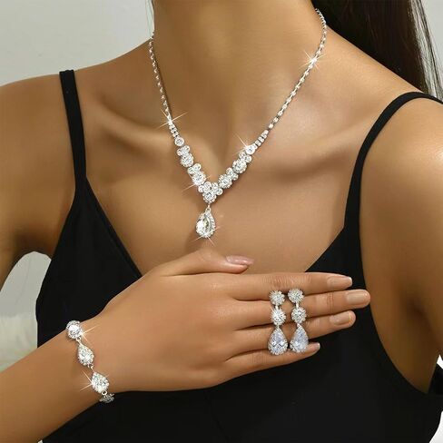 Silver Prom Jewelry Set Rhinestone Necklace Earrings Bracelet Set Costume Jewelry for Women Party Wedding Accessories Dress Up for Prom Wedding and Special Occasions in Saudi Arabia