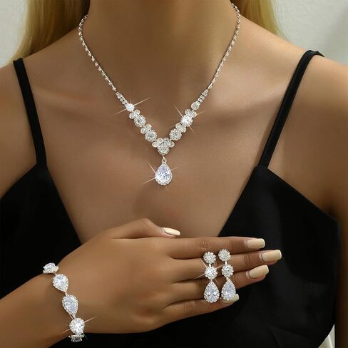 Silver Prom Jewelry Set Rhinestone Necklace Earrings Bracelet Set Costume Jewelry for Women Party Wedding Accessories Dress Up for Prom Wedding and Special Occasions in Saudi Arabia