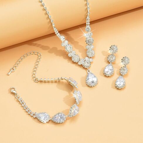 Silver Prom Jewelry Set Rhinestone Necklace Earrings Bracelet Set Costume Jewelry for Women Party Wedding Accessories Dress Up for Prom Wedding and Special Occasions in Saudi Arabia