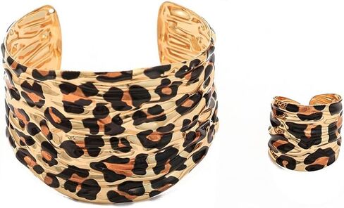 Chunky Leopard Print Bracelet Ring Set for Women Ladies Gold-Tone Plated Wide Open Wrap Cuff Bangle Adjustable Finger Band Exaggerated Boho Statement Unique Jewelry Fashion Party Accessories in Saudi Arabia