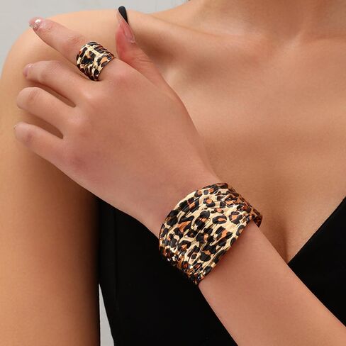 Chunky Leopard Print Bracelet Ring Set for Women Ladies Gold-Tone Plated Wide Open Wrap Cuff Bangle Adjustable Finger Band Exaggerated Boho Statement Unique Jewelry Fashion Party Accessories in Saudi Arabia
