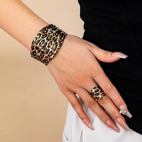 Chunky Leopard Print Bracelet Ring Set for Women Ladies Gold-Tone Plated Wide Open Wrap Cuff Bangle Adjustable Finger Band Exaggerated Boho Statement Unique Jewelry Fashion Party Accessories in Saudi Arabia