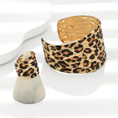 Chunky Leopard Print Bracelet Ring Set for Women Ladies Gold-Tone Plated Wide Open Wrap Cuff Bangle Adjustable Finger Band Exaggerated Boho Statement Unique Jewelry Fashion Party Accessories in Saudi Arabia