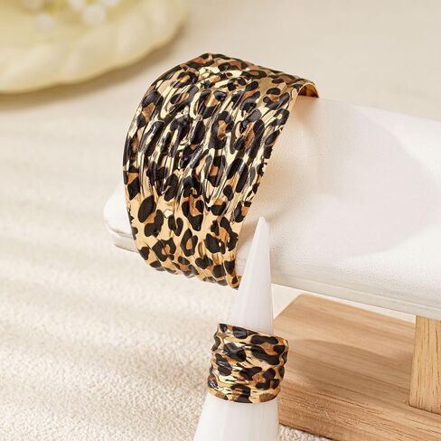 Chunky Leopard Print Bracelet Ring Set for Women Ladies Gold-Tone Plated Wide Open Wrap Cuff Bangle Adjustable Finger Band Exaggerated Boho Statement Unique Jewelry Fashion Party Accessories in Saudi Arabia