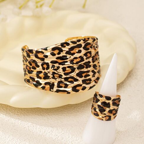Chunky Leopard Print Bracelet Ring Set for Women Ladies Gold-Tone Plated Wide Open Wrap Cuff Bangle Adjustable Finger Band Exaggerated Boho Statement Unique Jewelry Fashion Party Accessories in Saudi Arabia
