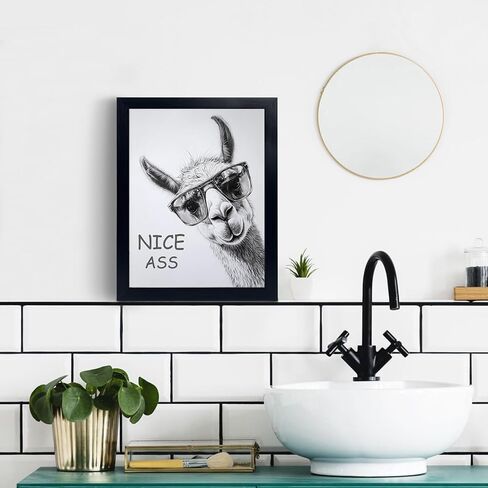 Bathroom Picture Wall Decor, Framed Black and White Bathroom Wall Art, Cheeky Llama Funny Canvas Print Painting, 10"x8" in Saudi Arabia