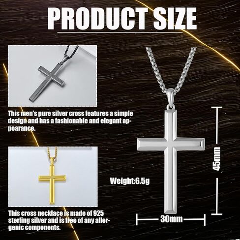 Wisbal Men's 925 Sterling Silver Gold-Plated, Silver-Plated, Black-Plated Cross Necklace with Stainless Steel Chain Women's Cross Pendant in Saudi Arabia