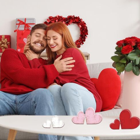 6 Pcs Valentine's Day Wooden Hearts Rustic Red Pink White Wooden Love Sign for Home Farmhouse Tiered Tray Wedding Valentines Anniversary Birthday Party Table Decorations in Saudi Arabia