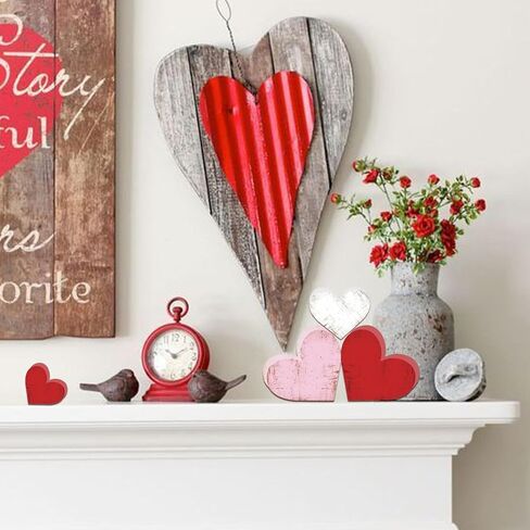 6 Pcs Valentine's Day Wooden Hearts Rustic Red Pink White Wooden Love Sign for Home Farmhouse Tiered Tray Wedding Valentines Anniversary Birthday Party Table Decorations in Saudi Arabia