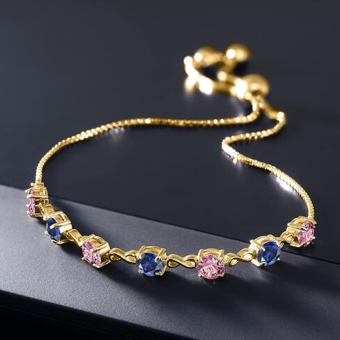 Gem Stone King 18K Yellow Gold Plated Silver Pink Lab Grown Diamond and Blue Created Sapphire Infinity Links Bracelet For Women (2.49 Cttw, Round 4.5MM, Fully Adjustable Up to 9 Inch) in Saudi Arabia