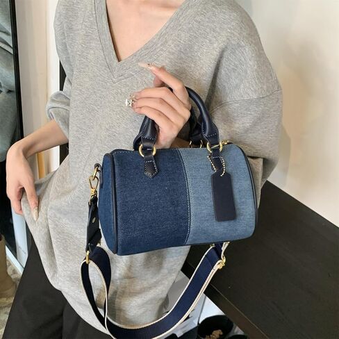 Barrel-shaped Denim MINI Handbag and Purse Women Tote Shoulder Crossbody Bag with Guitar Adjustable Shoulder Strap in Saudi Arabia