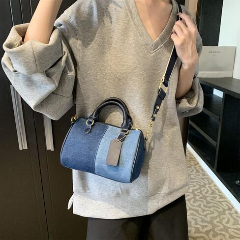 Barrel-shaped Denim MINI Handbag and Purse Women Tote Shoulder Crossbody Bag with Guitar Adjustable Shoulder Strap in Saudi Arabia