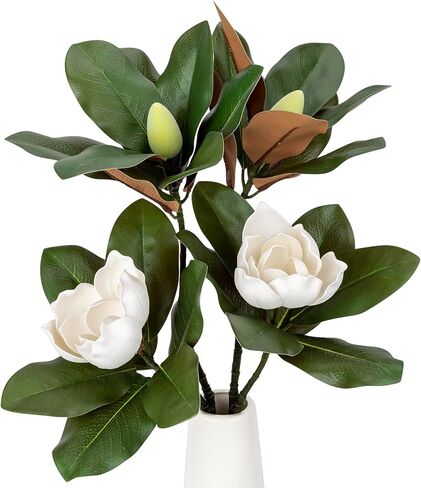 2PCS 33.5inch Artificial Magnolia Flowers with Green Magnolia Leaves and Fruit 3D Real Touch 2 Heads Long Stem Faux Magnolias Flower for Home Wedding Table Office Floral Arrangement Decoration (White) in Saudi Arabia