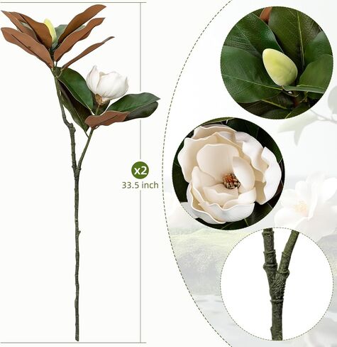 2PCS 33.5inch Artificial Magnolia Flowers with Green Magnolia Leaves and Fruit 3D Real Touch 2 Heads Long Stem Faux Magnolias Flower for Home Wedding Table Office Floral Arrangement Decoration (White) in Saudi Arabia
