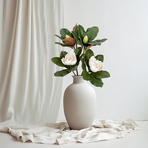 2PCS 33.5inch Artificial Magnolia Flowers with Green Magnolia Leaves and Fruit 3D Real Touch 2 Heads Long Stem Faux Magnolias Flower for Home Wedding Table Office Floral Arrangement Decoration (White) in Saudi Arabia