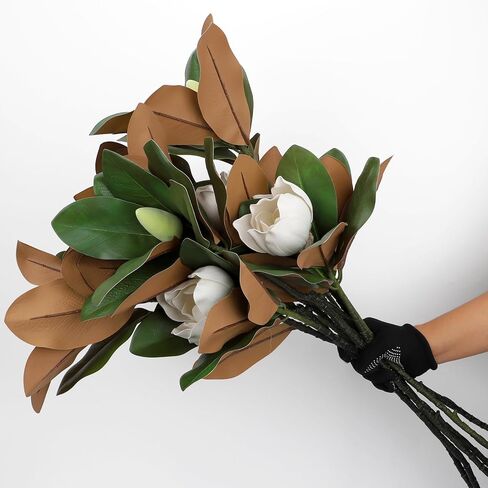 2PCS 33.5inch Artificial Magnolia Flowers with Green Magnolia Leaves and Fruit 3D Real Touch 2 Heads Long Stem Faux Magnolias Flower for Home Wedding Table Office Floral Arrangement Decoration (White) in Saudi Arabia