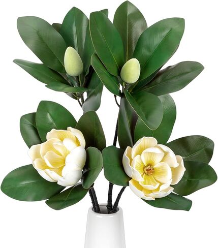 2PCS 33.5inch Artificial Magnolia Flowers with Green Magnolia Leaves and Fruit 3D Real Touch 2 Heads Long Stem Faux Magnolias Flower for Home Wedding Table Office Floral Arrangement Decoration (White) in Saudi Arabia