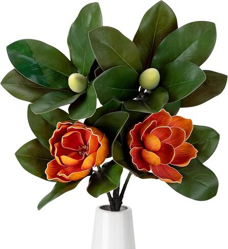 2PCS 33.5inch Artificial Magnolia Flowers with Green Magnolia Leaves and Fruit 3D Real Touch 2 Heads Long Stem Faux Magnolias Flower for Home Wedding Table Office Floral Arrangement Decoration (White) in Saudi Arabia