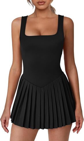 فستان رياضي للنساء، شورت مدمج، فستان تنس نسائي برقبة على شكل حرف U، مطوي مع جيوب، ملابس جولف بدون أكمام in Kuwait