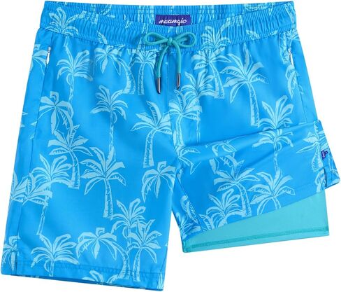 maamgic Mens Swim Trunks 7" Swim Shorts with Compression Liner Quick Dry Swimming Trunks Plaid Grain Bathing Suit Black-Pink Flamingo XX-Large in Kuwait