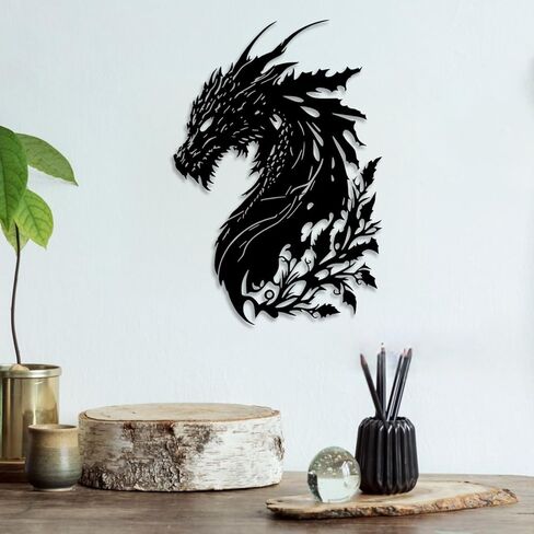 LIYOUYA Dragon ديكور حائط معدني - ديكور كهف رجل ديكور غرفة خيالي زهرة جدار الفن ديكور المنزل لغرفة المعيشة، غرفة النوم، المكتب، الفناء، الفناء، في الهواء الطلق (أسود) in Saudi Arabia