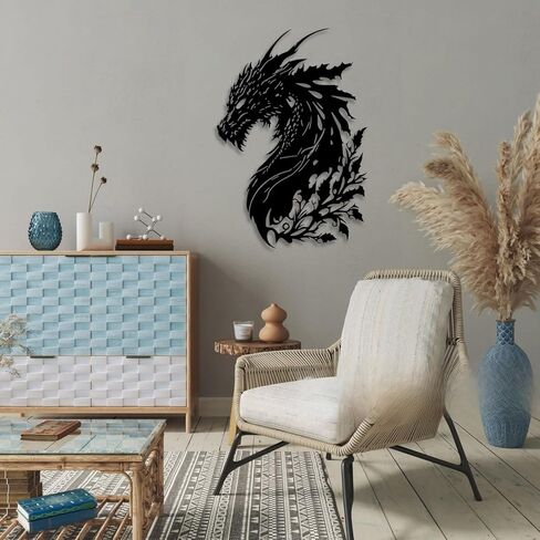 LIYOUYA Dragon ديكور حائط معدني - ديكور كهف رجل ديكور غرفة خيالي زهرة جدار الفن ديكور المنزل لغرفة المعيشة، غرفة النوم، المكتب، الفناء، الفناء، في الهواء الطلق (أسود) in Saudi Arabia