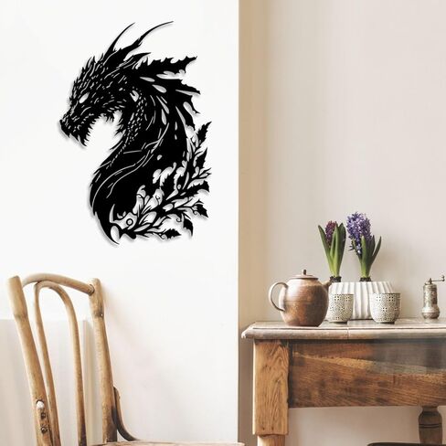LIYOUYA Dragon ديكور حائط معدني - ديكور كهف رجل ديكور غرفة خيالي زهرة جدار الفن ديكور المنزل لغرفة المعيشة، غرفة النوم، المكتب، الفناء، الفناء، في الهواء الطلق (أسود) in Saudi Arabia