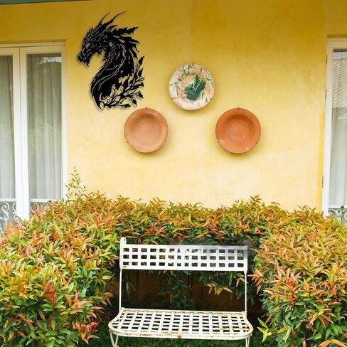 LIYOUYA Dragon ديكور حائط معدني - ديكور كهف رجل ديكور غرفة خيالي زهرة جدار الفن ديكور المنزل لغرفة المعيشة، غرفة النوم، المكتب، الفناء، الفناء، في الهواء الطلق (أسود) in Saudi Arabia