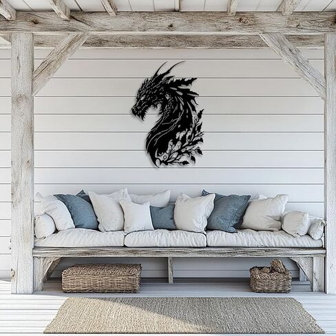 LIYOUYA Dragon ديكور حائط معدني - ديكور كهف رجل ديكور غرفة خيالي زهرة جدار الفن ديكور المنزل لغرفة المعيشة، غرفة النوم، المكتب، الفناء، الفناء، في الهواء الطلق (أسود) in Saudi Arabia