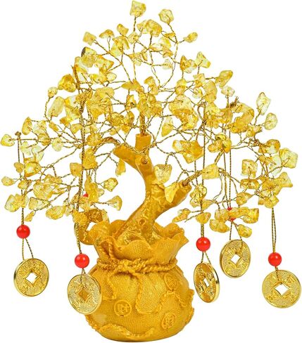 Citrine Crystal Tree with Artificial Coin Pot Base Bonsai Tree for Home & Office Decor Good Luck 6 Feng Shui Coins Money Tree Yellow Crystal Spiritual Gifts for Women Mom Sister Desk Bookshelf Decor in Saudi Arabia