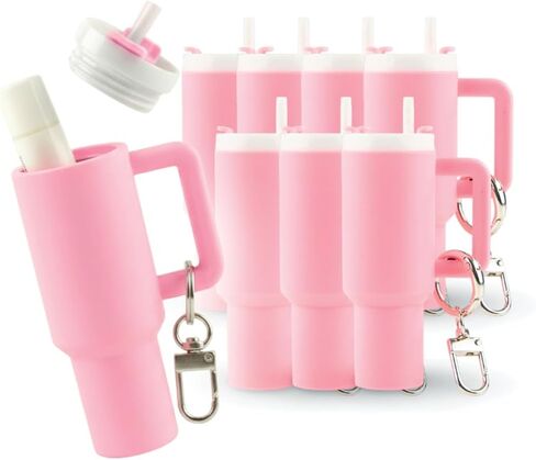Hogg 8 pack Chap Stick Keychain Holder, Mini Tumbler Keychain Bulk, Mini Water Bottle Key Chain, 8pk Hot Pink in Saudi Arabia