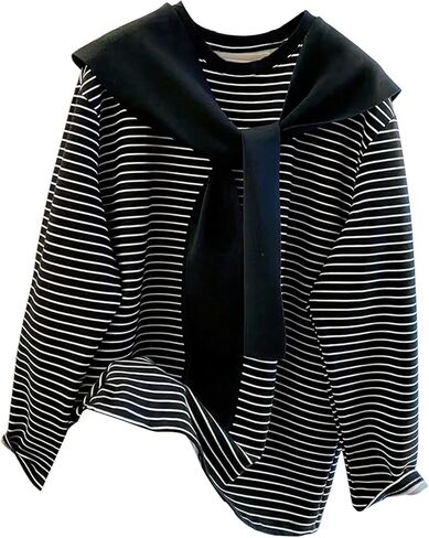 سويت شيرت SweatyRocks نسائي كبير الحجم مخطط برقبة دائرية وأكمام طويلة بلوفر كاجوال مع شال in Saudi Arabia