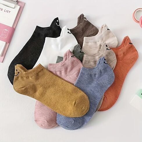 Women's Ankle Low Cut Socks 10 Pairs, Soft Embroidered Multi-Color Minimalist Breathable Daily Hosiery in Saudi Arabia