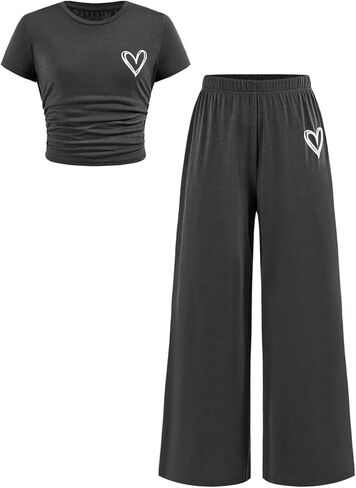 RoseSeek Girl's 2 Piece Outfits Bowknot Graphic Tees and Wide Leg Sweatpants Matching Clothing Sets in Saudi Arabia
