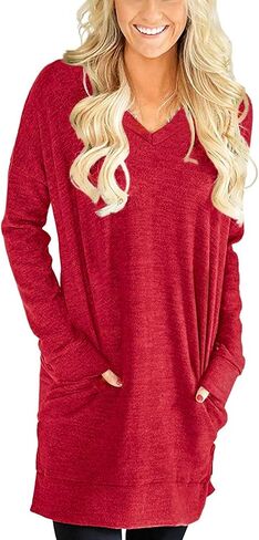 LERUCCI Womens Tunic Tops Casual Long Sleeves Solid V-Neck Tunics Sweatshirt with Pockets Red XL in Saudi Arabia