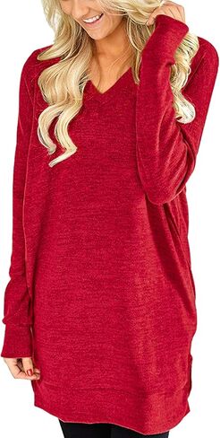 LERUCCI Womens Tunic Tops Casual Long Sleeves Solid V-Neck Tunics Sweatshirt with Pockets Red XL in Saudi Arabia