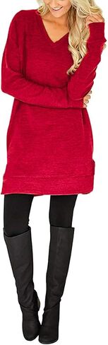 LERUCCI Womens Tunic Tops Casual Long Sleeves Solid V-Neck Tunics Sweatshirt with Pockets Red XL in Saudi Arabia