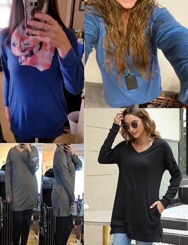 LERUCCI Womens Tunic Tops Casual Long Sleeves Solid V-Neck Tunics Sweatshirt with Pockets Red XL in Saudi Arabia