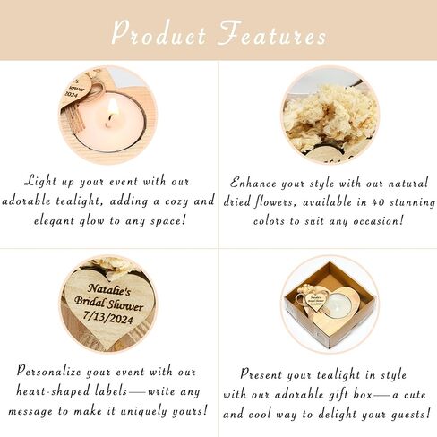 100 Pcs Personalized Heart-Shaped Natural Wood Candle Holders - Ideal for Weddings, Parties, Birthdays, Bridesmaids, Baby Showers in Saudi Arabia