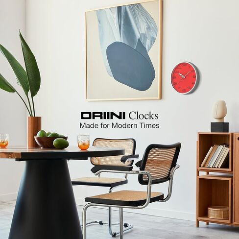 ساعة حائط حديثة من Driini لمنتصف القرن (12 بوصة) - ساعة حائط ريترو صامتة غير موقوتة لغرفة المعيشة أو المطبخ أو الحمام ديكور MCM - ساعات حائط مزخرفة تعمل بالبطارية (أحمر) in Kuwait