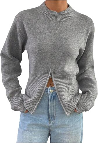 WDIRARA Women's Mock Neck Long Sleeve Sweaters Zipper Front Knit Tops Pullover Knitwear in Saudi Arabia