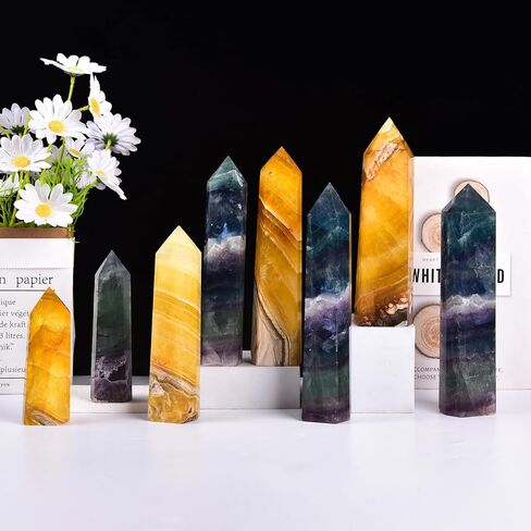 JIC Gem Large Fluorite Crystal Wand Natural Healing Crystal Point Large 6 Sides Colorful Fluorite Stone Crystal Tower Energy Gemstone Home Decor 1.1-1.7 Lbs in Saudi Arabia