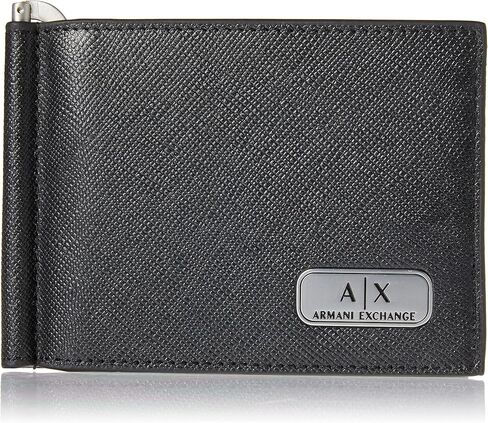 محفظة Armani Exchange A|X للرجال بشعار لوحة سافيانو من الجلد مع مشبك نقود، محفظة ثنائية الطي، سوداء، مقاس صغير أمريكي in Saudi Arabia