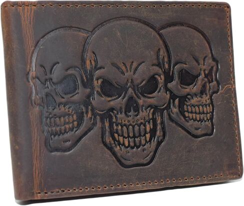 MARSHAL Men’s RFID Blocking Vintage Leather Bifold Wallet with Triple Skull Debossed Design (Black) in Saudi Arabia