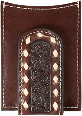 ARIAT Men's Money Clip Wallet with Removable Passcase - Genuine Leather with Floral Embossed Design and Cream Bucklace Stitching, Brown in Saudi Arabia
