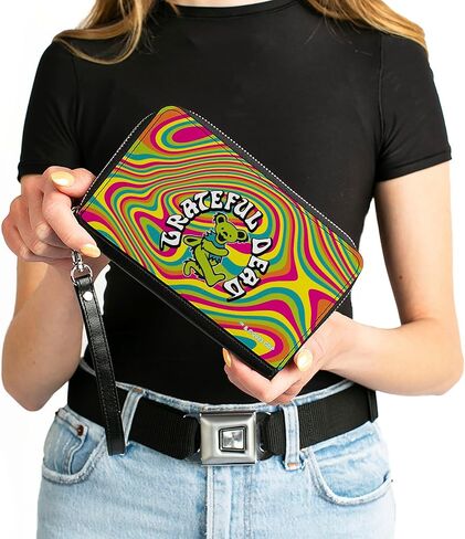 Buckle-Down Grateful Dead Wallet, Zip Around, Grateful Dead Dancing Bear Icon Swirl Multi Color White Black, Vegan Leather in Saudi Arabia