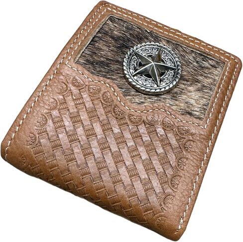 Western Stakes Men’s Short Leather Wallet – Hair-On Cowhide Bifold with Lone Star Concho and Basketweave Tooled Leather – Western Cowboy Wallet for Ranchers & Texas Gift Ideas in Saudi Arabia