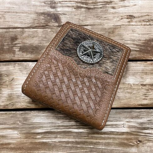 Western Stakes Men’s Short Leather Wallet – Hair-On Cowhide Bifold with Lone Star Concho and Basketweave Tooled Leather – Western Cowboy Wallet for Ranchers & Texas Gift Ideas in Saudi Arabia