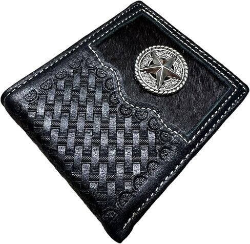 Western Stakes Men’s Short Leather Wallet – Hair-On Cowhide Bifold with Lone Star Concho and Basketweave Tooled Leather – Western Cowboy Wallet for Ranchers & Texas Gift Ideas in Saudi Arabia
